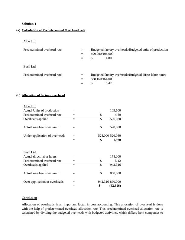 Calculation of Predetermined Overhead rate and Allocation of Factory