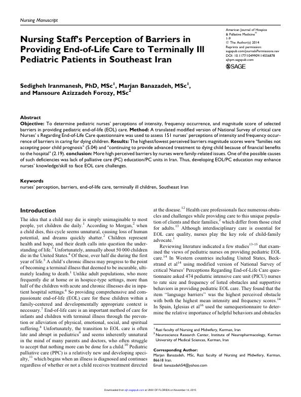 Nursing Staff’s Perception of Barriers in Providing End-of-Life Care to Terminally Ill Pediatric Patients in Southeast Iran_1
