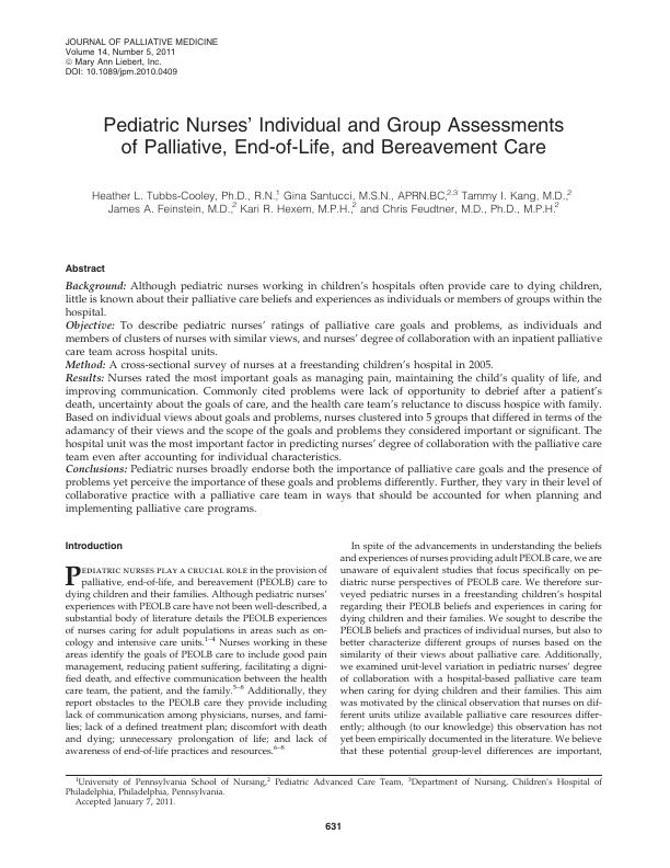 Pediatric Nurses’ Individual and Group Assessments of Palliative, End-of-Life, and Bereavement Care_1