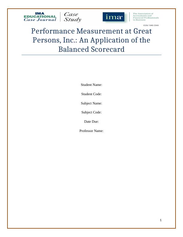 Performance Measurement at Great Persons, Inc.: An Application of the Balanced Scorecard_1