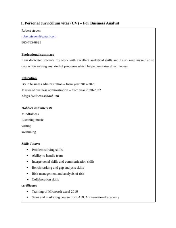 Personal Curriculum Vitae and Mock Interviews for Business Analyst_4