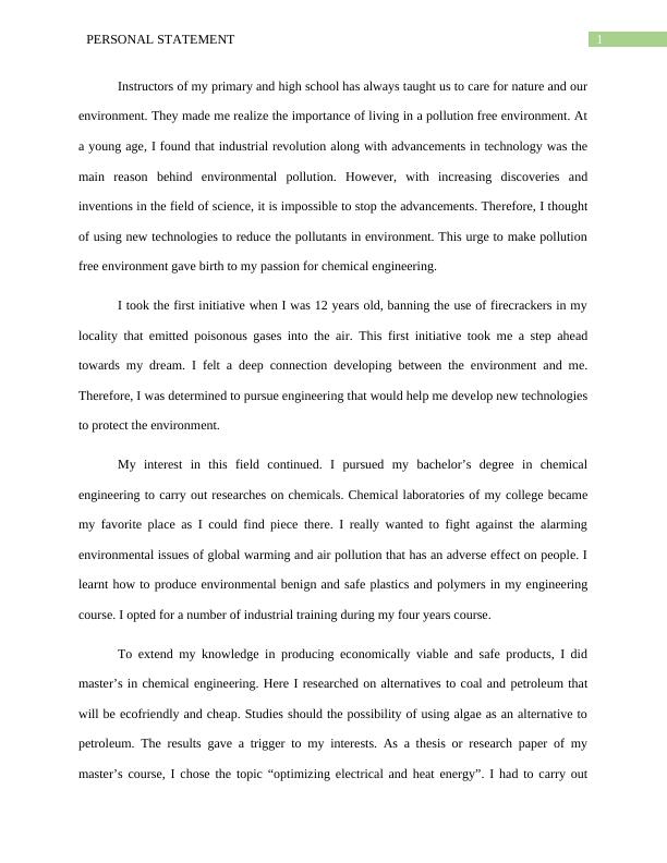 Personal Statement for PhD on Hydrothermal Conversion of Carbon dioxide to Fuels and other Chemical Products_2