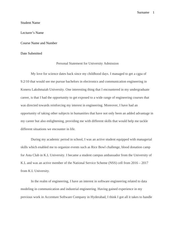 Personal Statement For University Admission Example