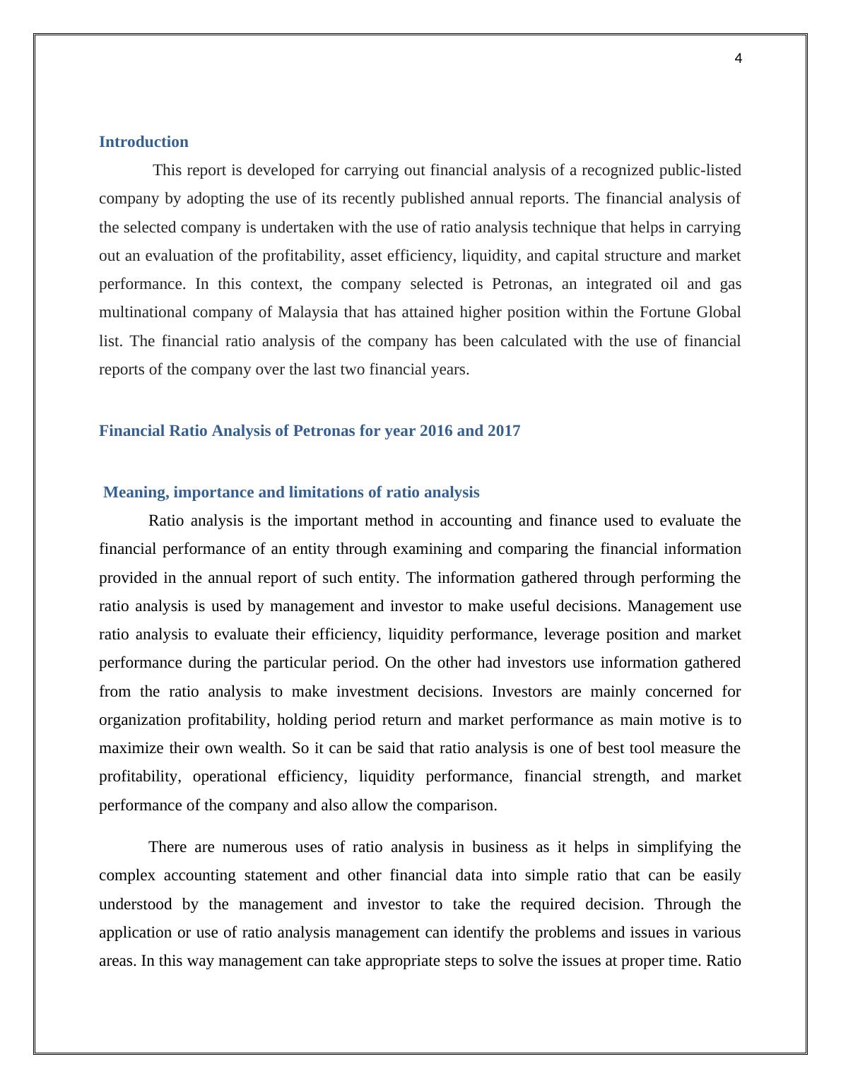 Financial Ratio Analysis of Petronas for year 2016 and 2017 - Desklib