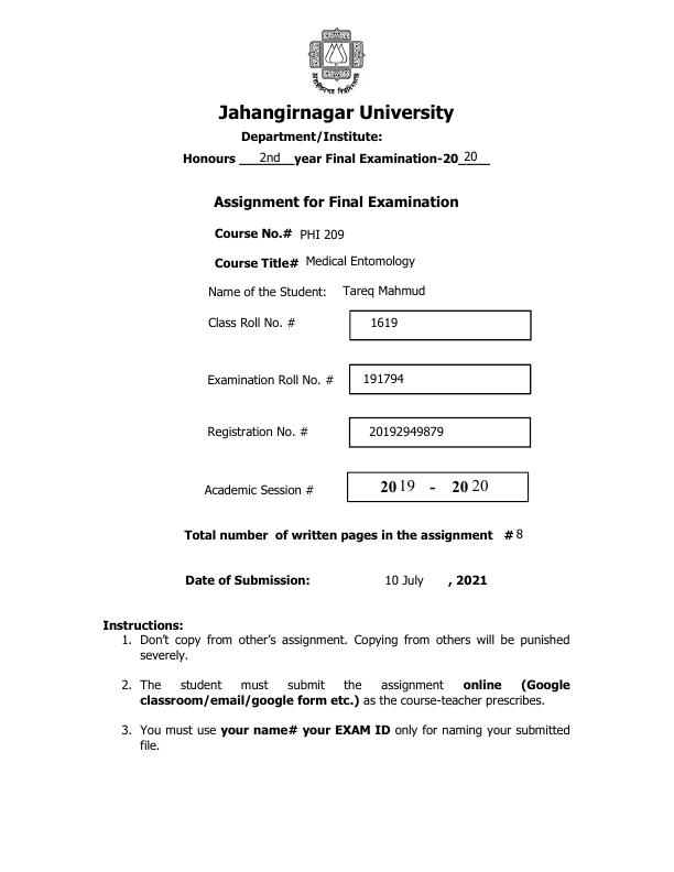 PHI 209 Assignment on Medical Entomology Jahangirnagar University