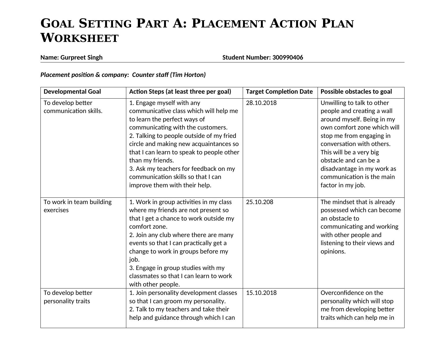 action plan for placement activities