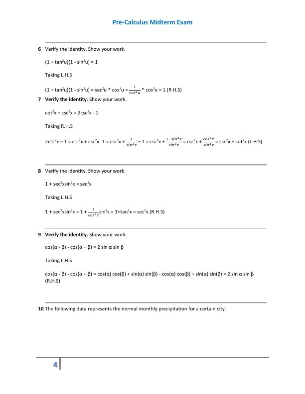 Pre-Calculus Midterm Exam Solutions | Desklib