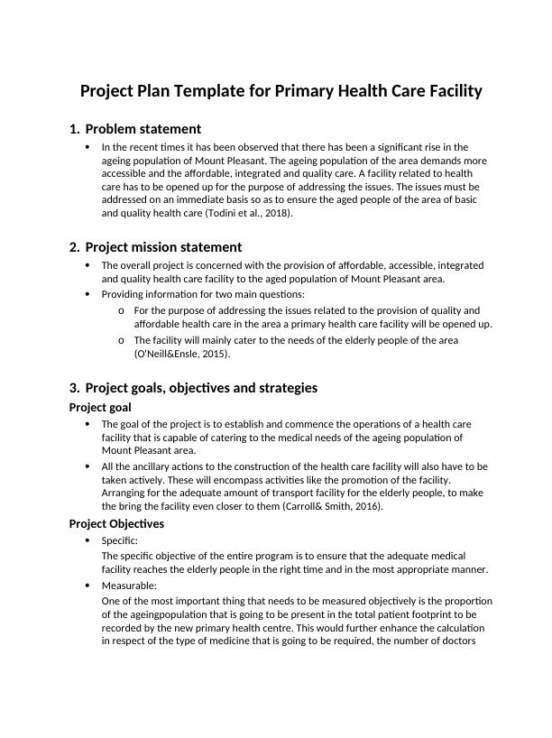 Project Plan Template for Primary Health Care Facility