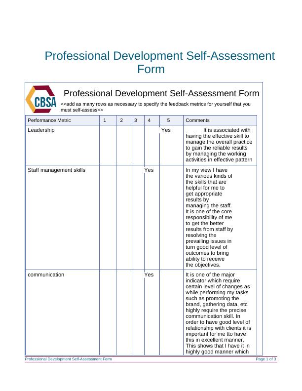 Professional Development Self-Assessment Form for BSBPEF 402_1