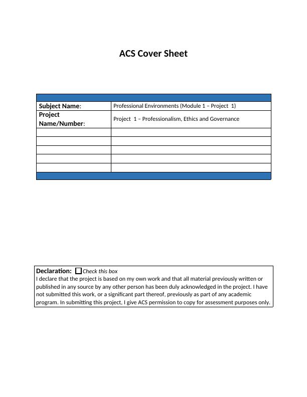 Professionalism, Ethics and Governance - ACS Cover Sheet and Case Study ...