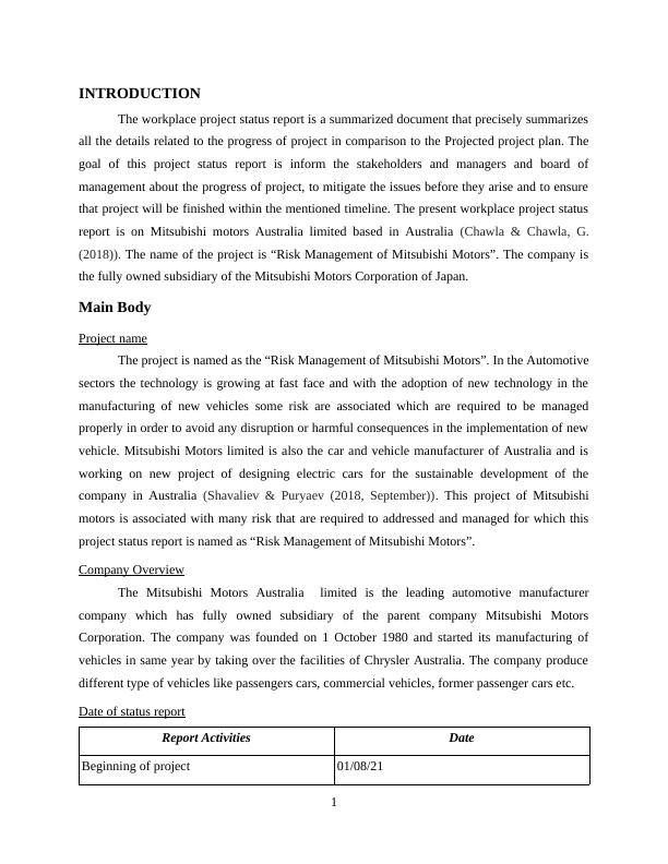 Project Status Report for Mitsubishi Motors Australia Limited