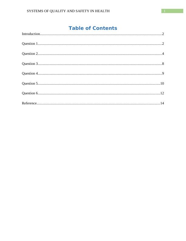 Systems of Quality and Safety in Health - Desklib