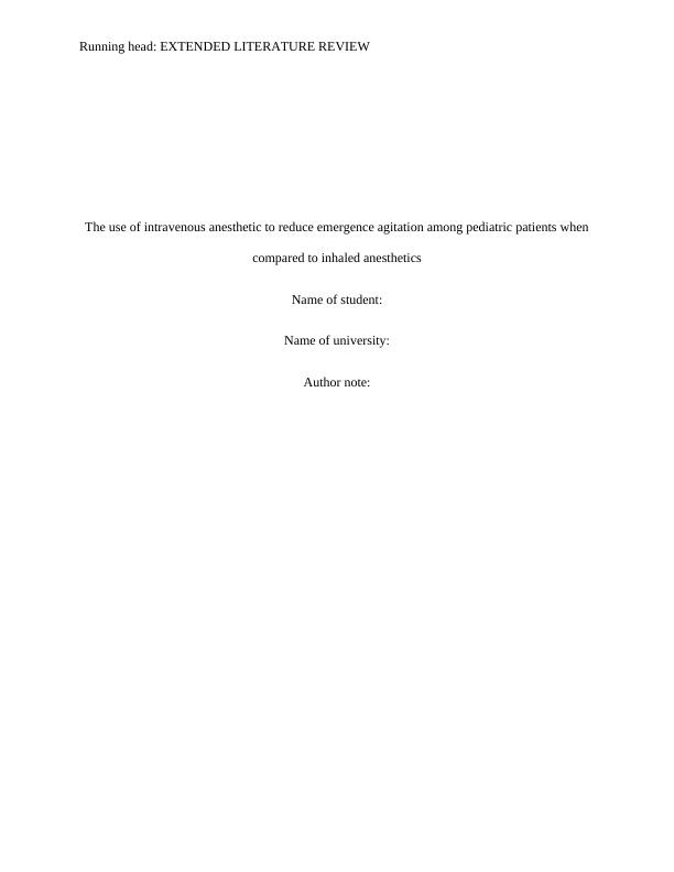 Reducing Emergence Agitation in Pediatric Patients Intravenous vs Inhaled Anesthetics