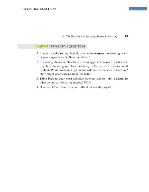 Reflection Questions on Chapter 5 Learning Needs of Client Population