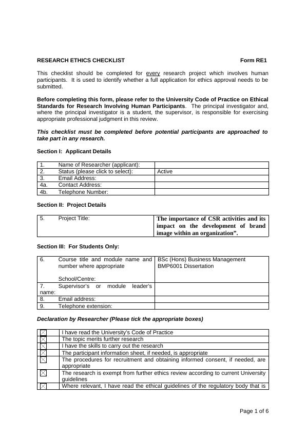 ethics checklist for dissertation