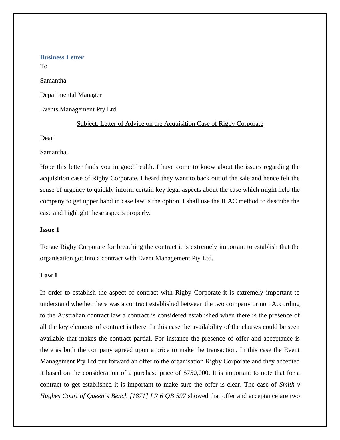 Legal Advice on Breach of Contract by Rigby Corporate Desklib