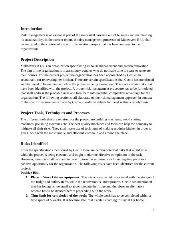 Risk Management Analysis for Makeovers R Us Renovation Project