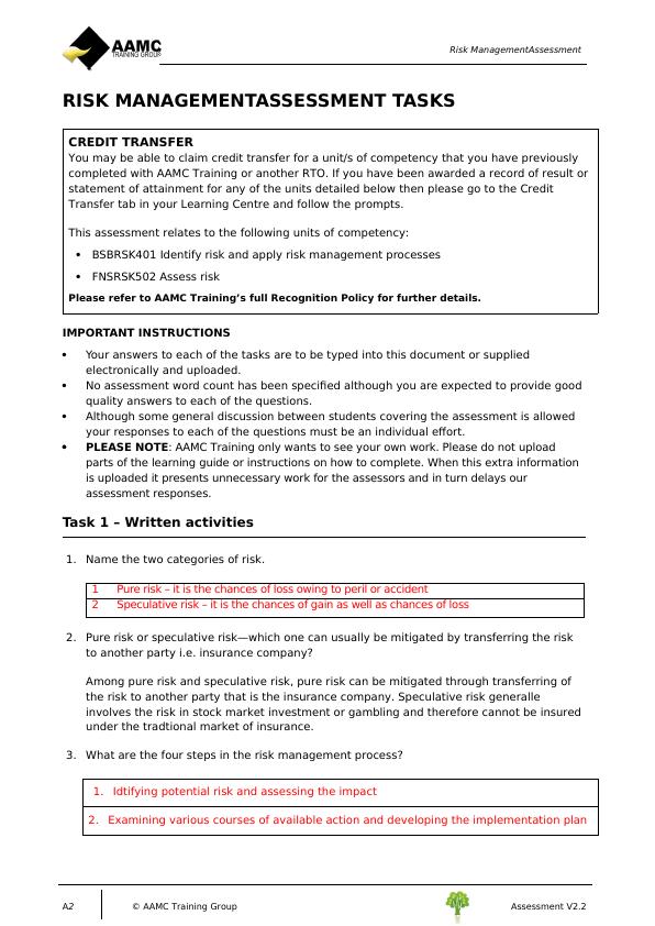 Risk Management Assessment - Desklib