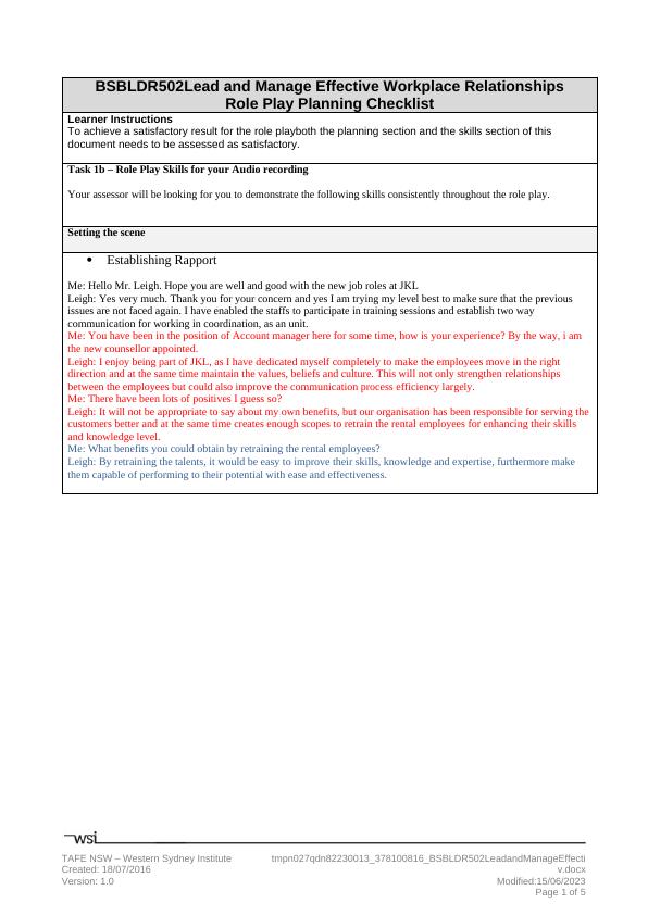 Role Play Planning Checklist for BSBLDR502_1