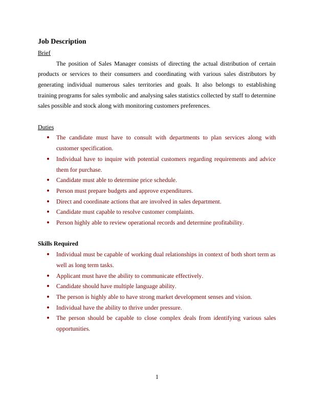 Sales Management Position Job Description CV Example