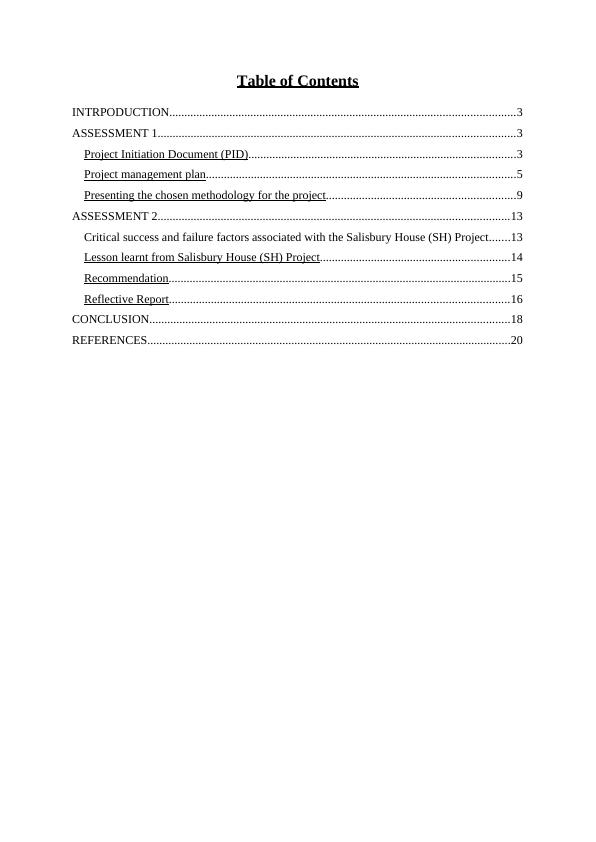 Project Management for Salisbury House Assessment and Methodology