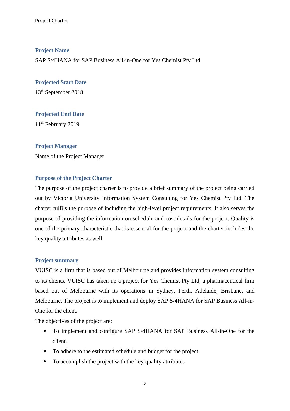 Project Charter for SAP S/4HANA Implementation for Yes Chemist Pty Ltd ...