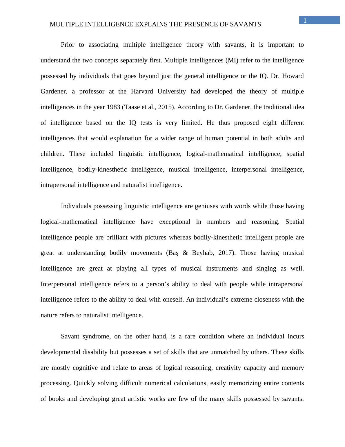 Multiple Intelligence Theory and Savants An Explanation