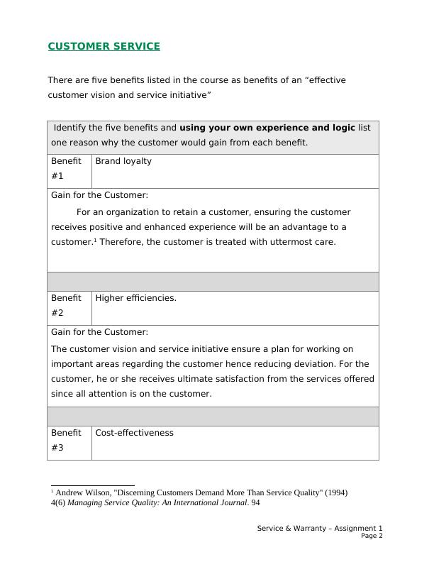 Service & Warranty Assignment 1