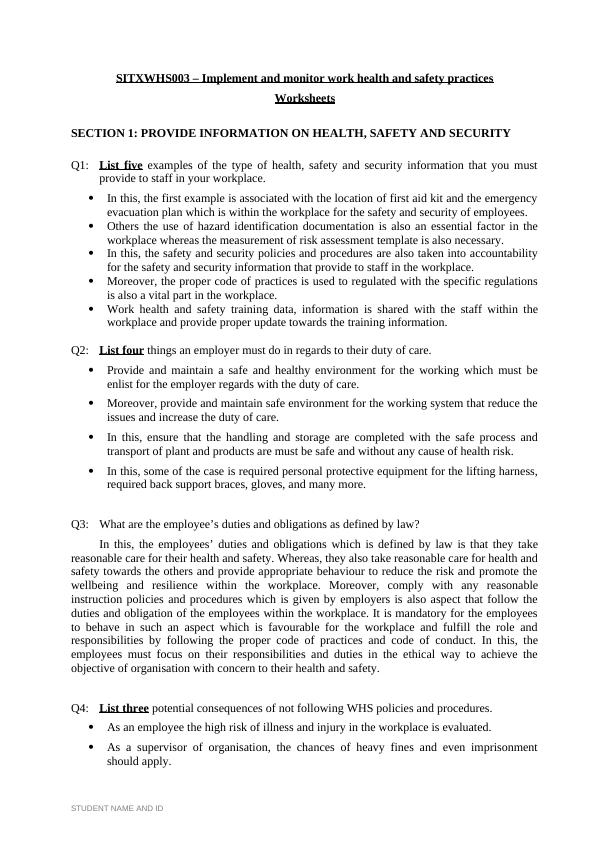 SITXWHS003 - Implement and Monitor Work Health and Safety Practices Worksheets_1