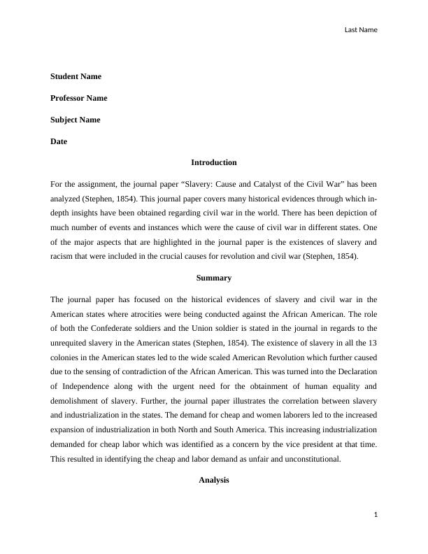 Slavery and Civil War in American States Analysis and Summary