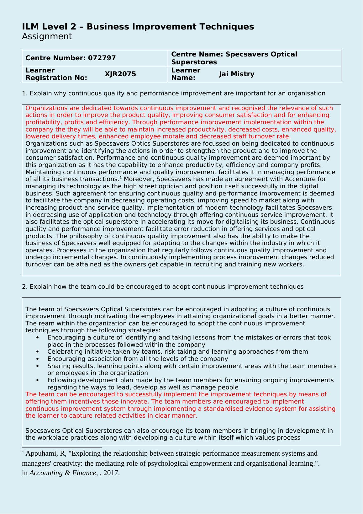 Continuous Quality and Performance Improvement in Specsavers Optical Superstores