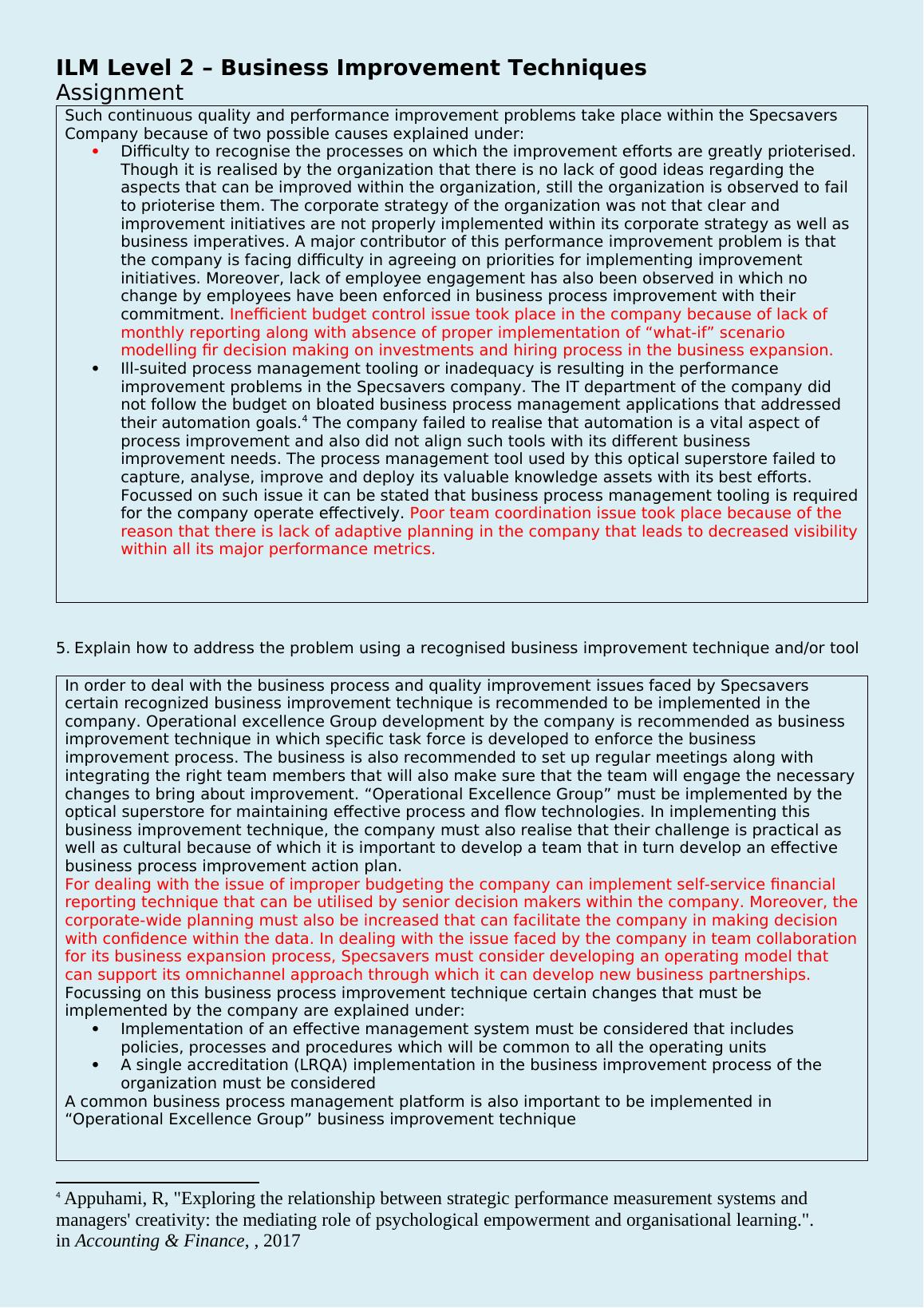 Continuous Quality and Performance Improvement in Specsavers Optical Superstores