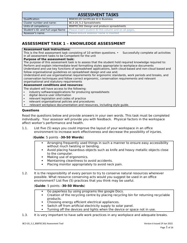 Spreadsheets Assessment Tasks for BSBTEC302_1
