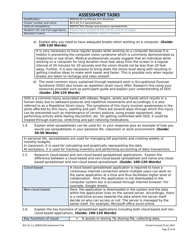 Spreadsheets Assessment Tasks for BSBTEC302_2