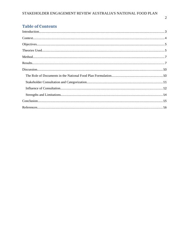 Stakeholder Engagement Review of Australia's National Food Plan