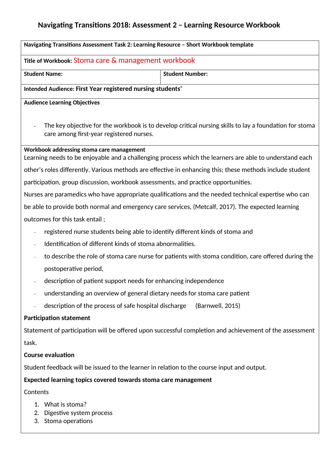 Stoma Care & Management Workbook for First Year Nursing Students