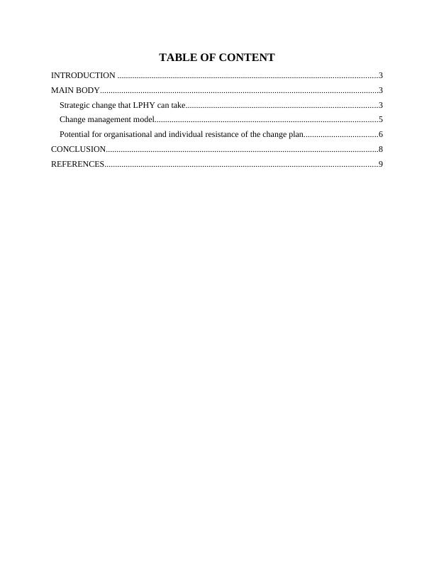 Strategic Change and Change Management Model for LPHY | Desklib