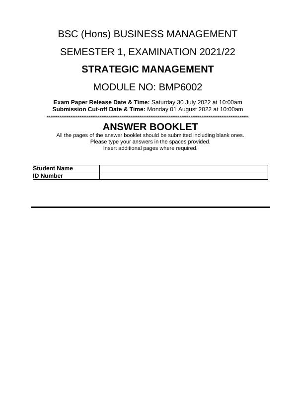 Strategic Management Exam Paper For BSC (Hons) Business Management