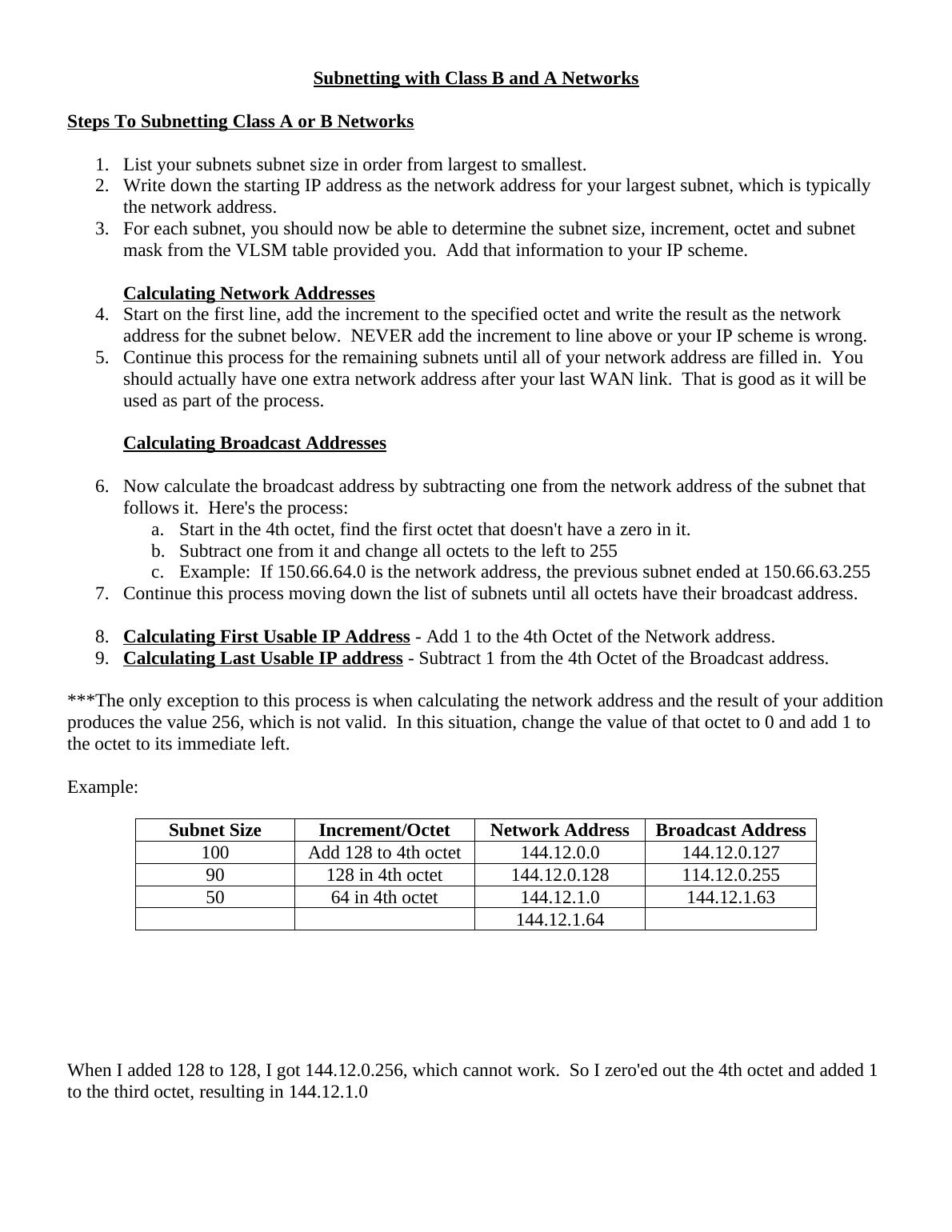 Steps To Subnetting Class A Or B Networks