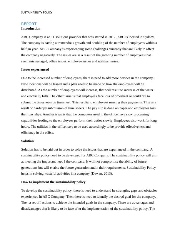 Sustainability Policy for ABC Company Desklib