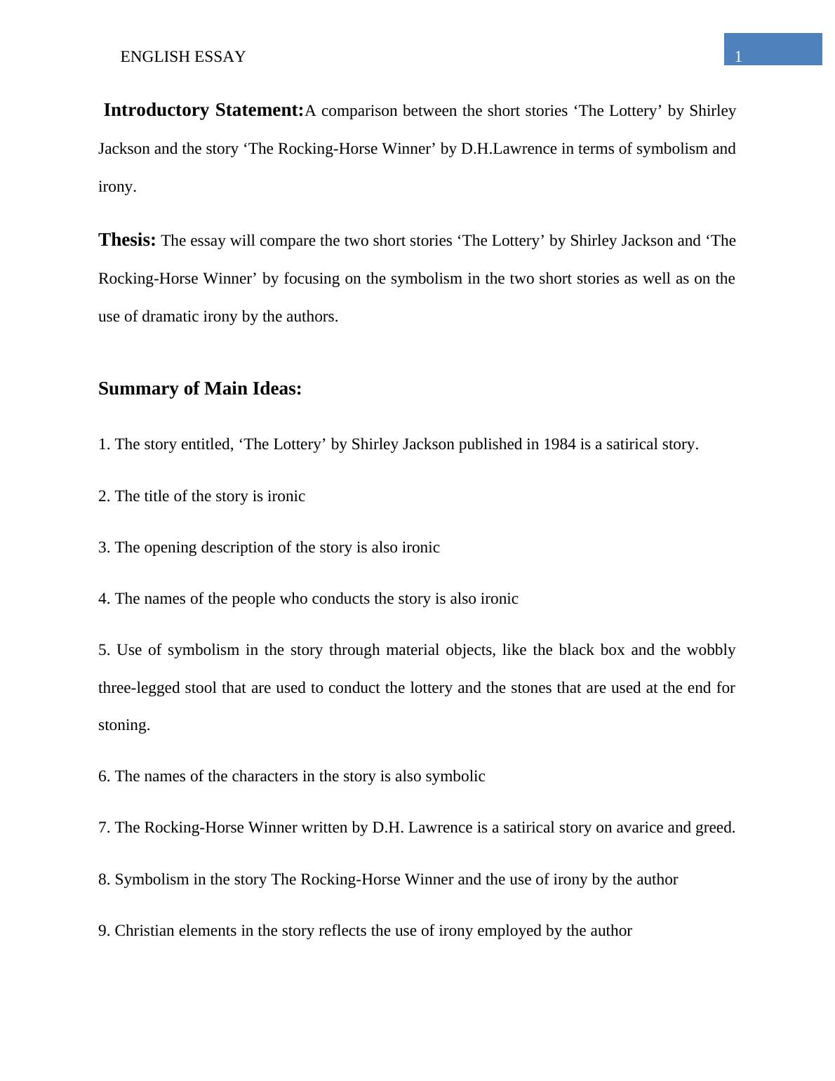 Symbolism and Irony in 'The Lottery' and 'The RockingHorse Winner'