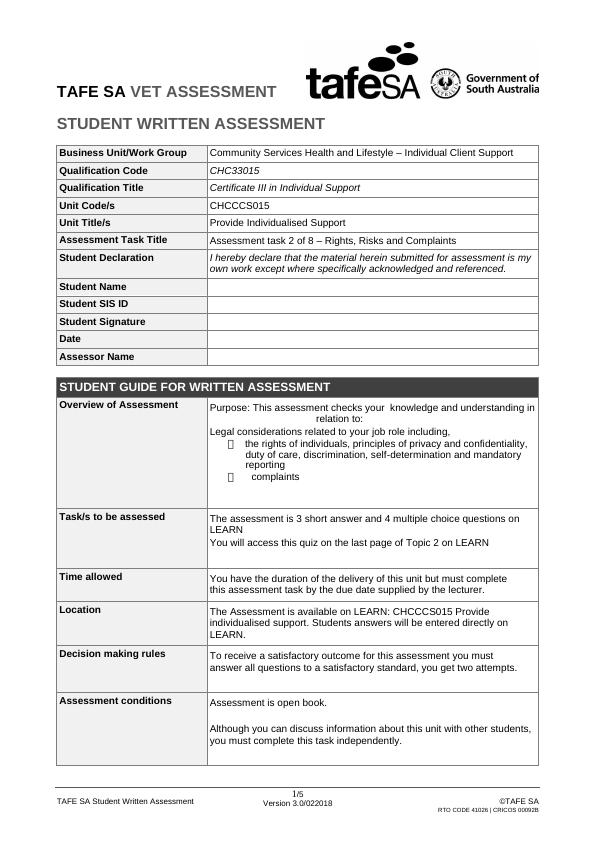TAFE SA VET Assessment - CHC33015 - CHCCCS015 - Rights, Risks and Complaints_1