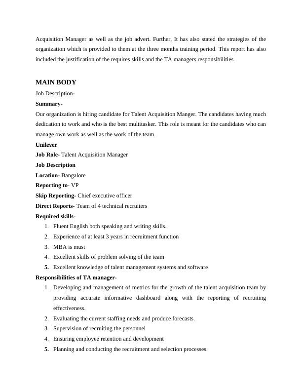 Job Description and Advert for Talent Acquisition Manager at Unilever