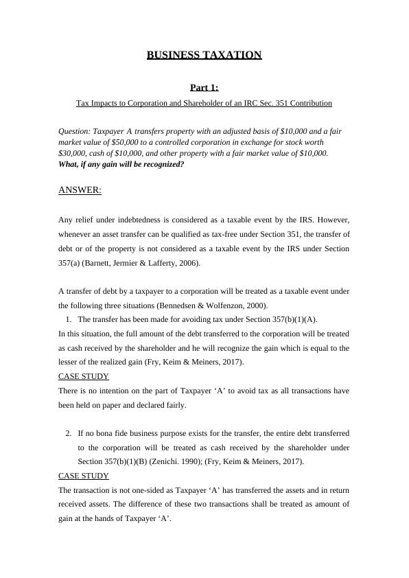 Taxation Corporation & Shareholder Impact of Sec. 351