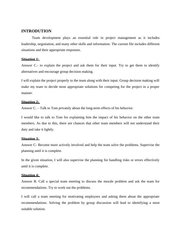 Team Development in Project Management: Situations and Responses