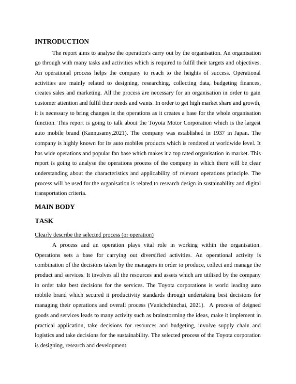 Analysis of Operations Process of Toyota Motor Corporation