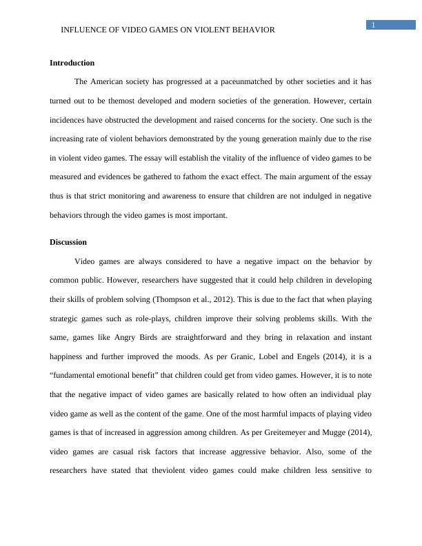 influence of video games on violent behavior essay