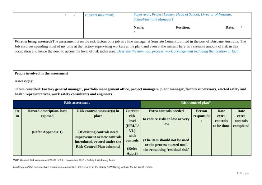 WHS General Risk Assessment for Cement Manufacturing Industry