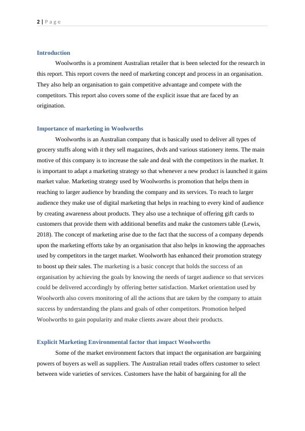 Marketing and Competitive Advantage in Woolworths