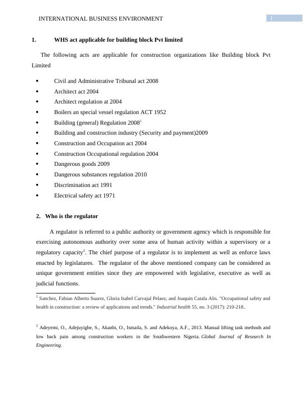 Workplace Health and Safety WHS Act and Regulations for Building Block Pvt Limited